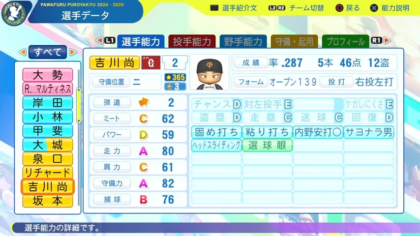 吉川尚輝_巨人_パワプロ能力データ_2025年決定版