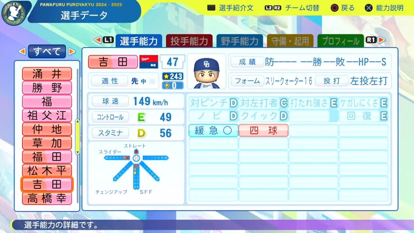 吉田_中日ドラゴンズ_パワプロ能力データ_2025年決定版