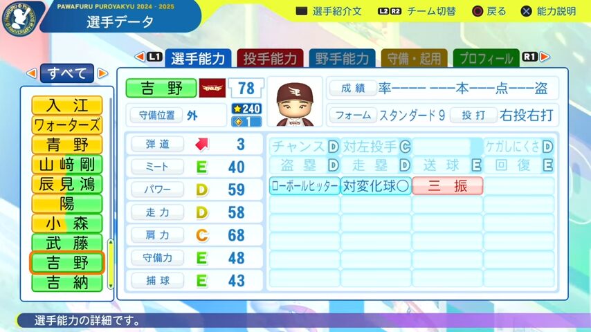 吉野_楽天イーグルス_パワプロ能力データ_2025年決定版