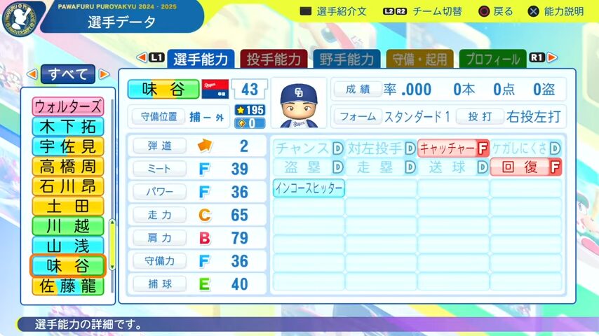 味谷_中日ドラゴンズ_パワプロ能力データ_2025年決定版