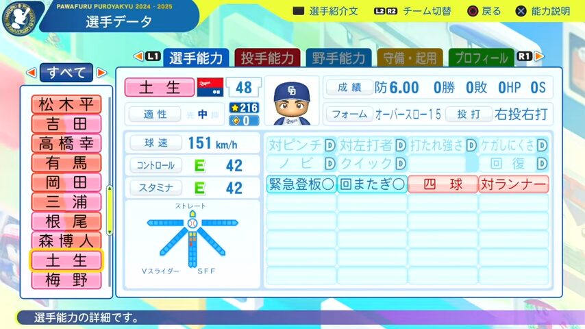 土生_中日ドラゴンズ_パワプロ能力データ_2025年決定版