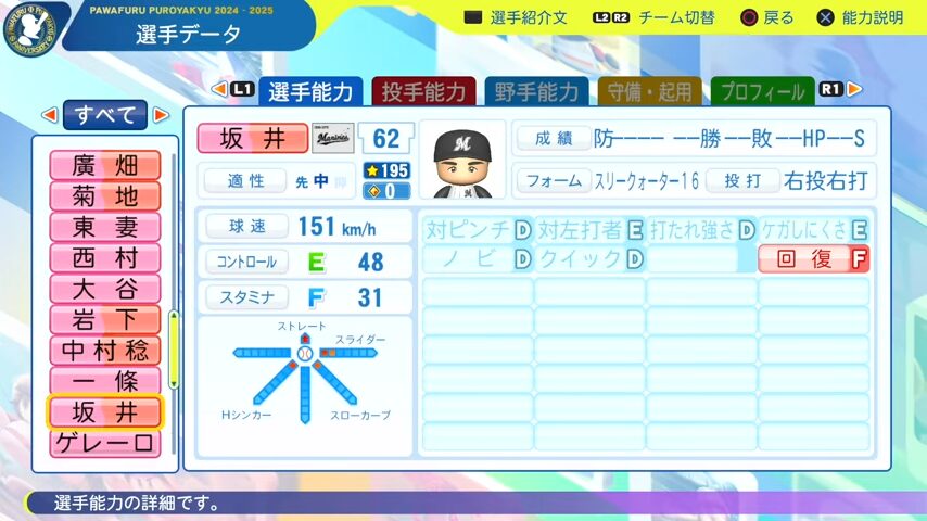 坂井_千葉ロッテマリーンズ_パワプロ能力データ_2025年決定版