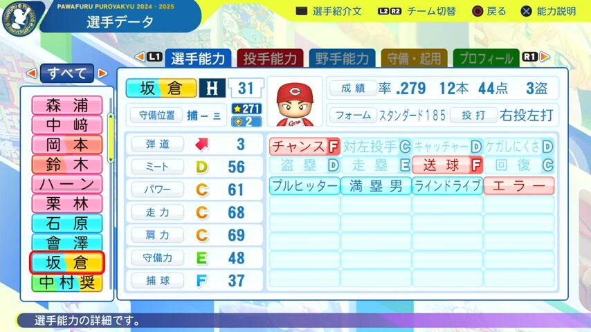 坂倉_広島カープ_パワプロ能力データ_2025年決定版