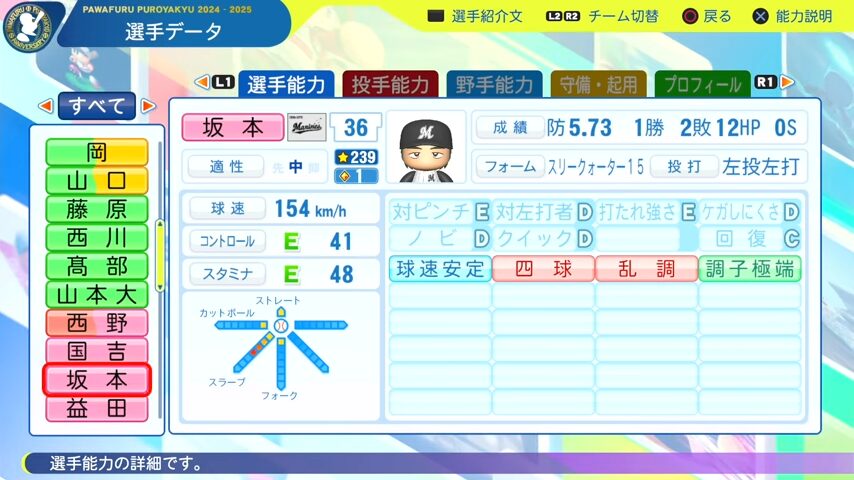 坂本_千葉ロッテマリーンズ_パワプロ能力データ_2025年決定版