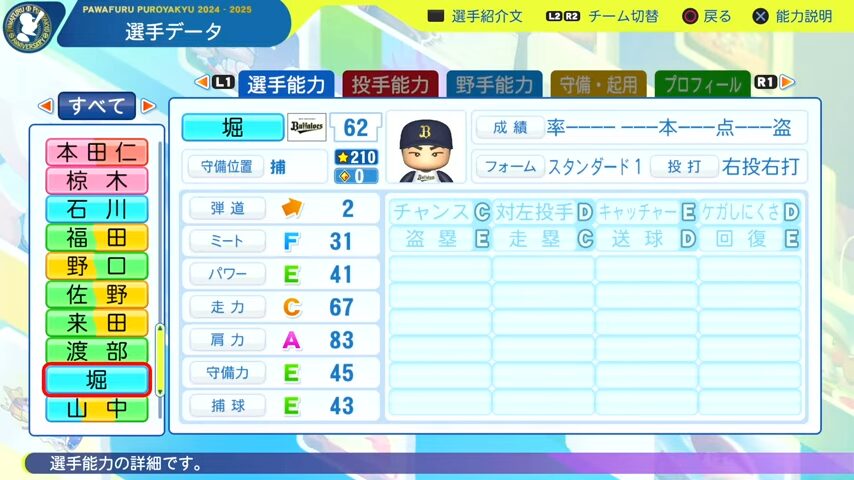 堀_オリックスバファローズ_パワプロ能力データ_2025年決定版