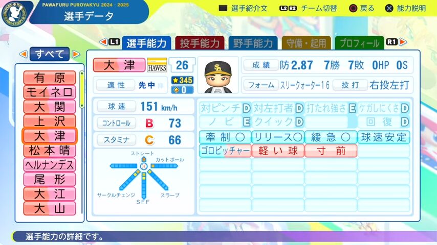 大津_ソフトバンクホークス_パワプロ能力データ_2025年決定版