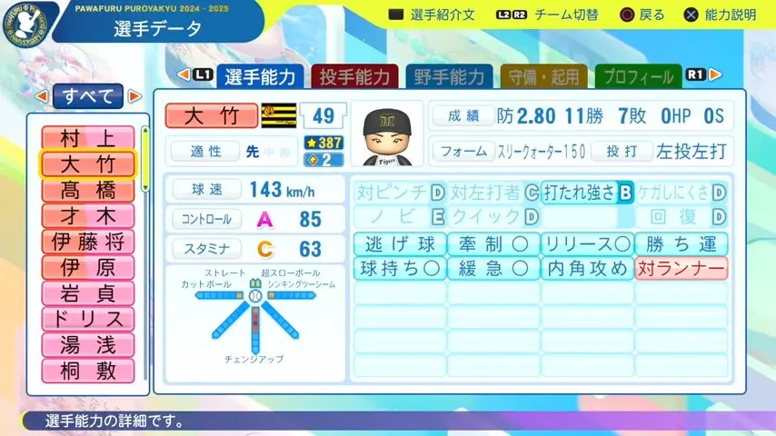 大竹耕太郎_阪神タイガース_パワプロ能力データ_2025年決定版