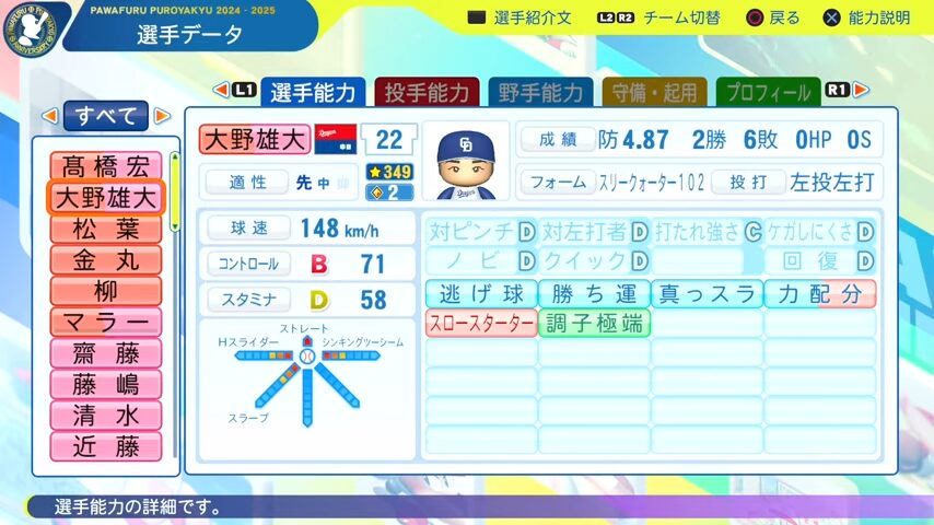 大野雄大_中日ドラゴンズ_パワプロ能力データ_2025年決定版