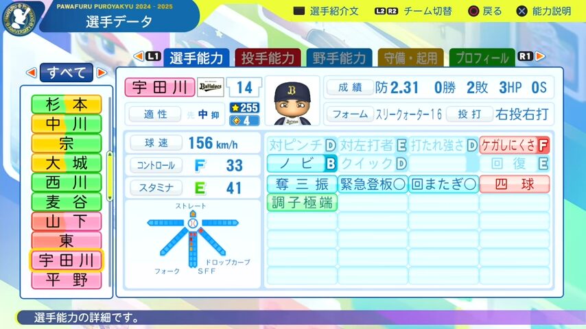 宇田川_オリックスバファローズ_パワプロ能力データ_2025年決定版