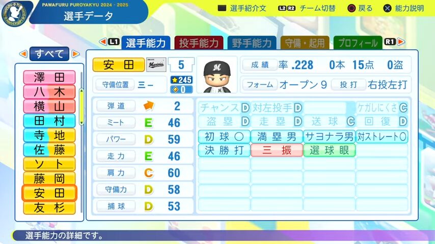 安田_千葉ロッテマリーンズ_パワプロ能力データ_2025年決定版