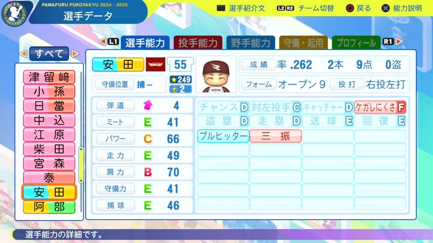 安田_楽天イーグルス_パワプロ能力データ_2025年決定版