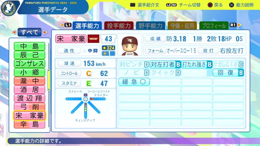 宗家豪_楽天イーグルス_パワプロ能力データ_2025年決定版