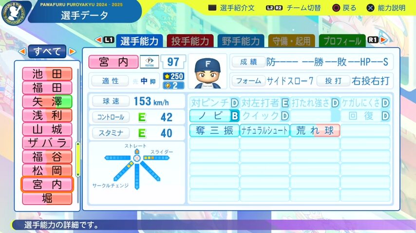 宮内_日本ハムファイターズ_パワプロ能力データ_2025年決定版