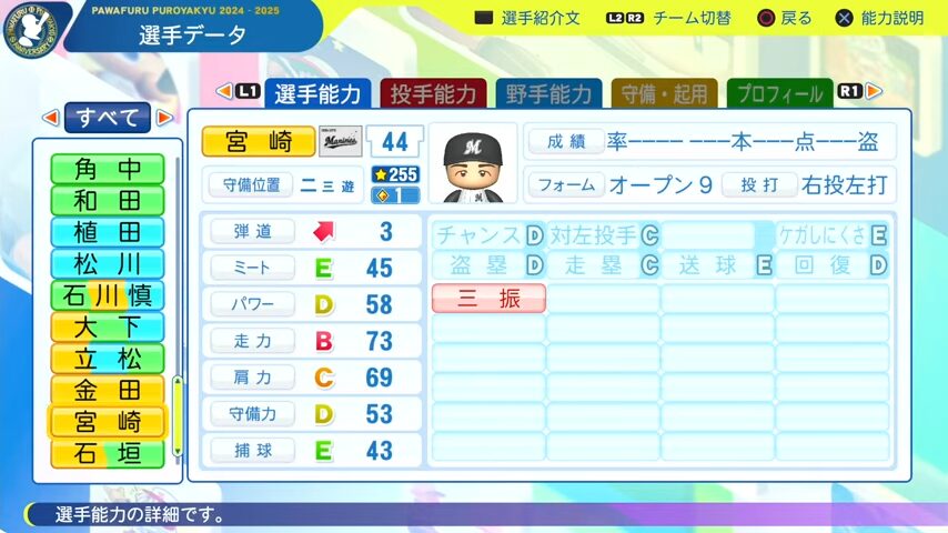 宮﨑_千葉ロッテマリーンズ_パワプロ能力データ_2025年決定版