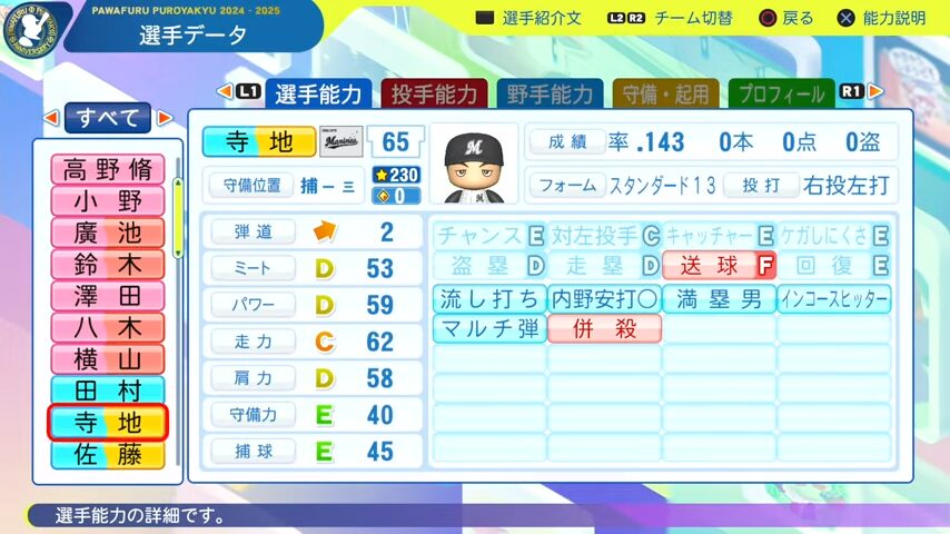 寺地_千葉ロッテマリーンズ_パワプロ能力データ_2025年決定版