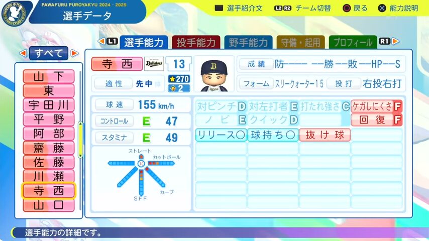 寺西_オリックスバファローズ_パワプロ能力データ_2025年決定版