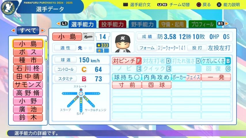 小島_千葉ロッテマリーンズ_パワプロ能力データ_2025年決定版