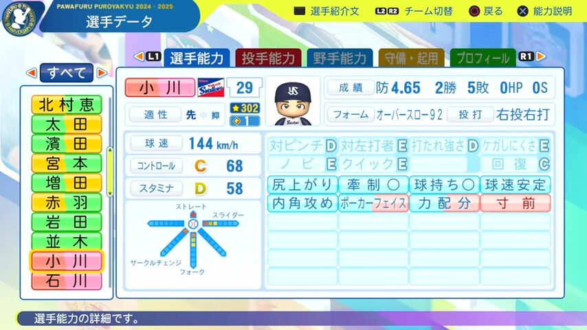 小川_ヤクルトスワローズ_パワプロ能力データ_2025年決定版