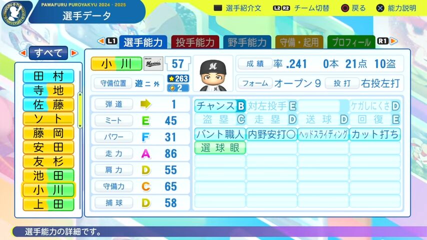 小川_千葉ロッテマリーンズ_パワプロ能力データ_2025年決定版