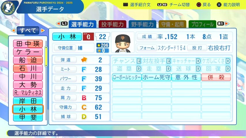 小林誠司_巨人_パワプロ能力データ_2025年決定版