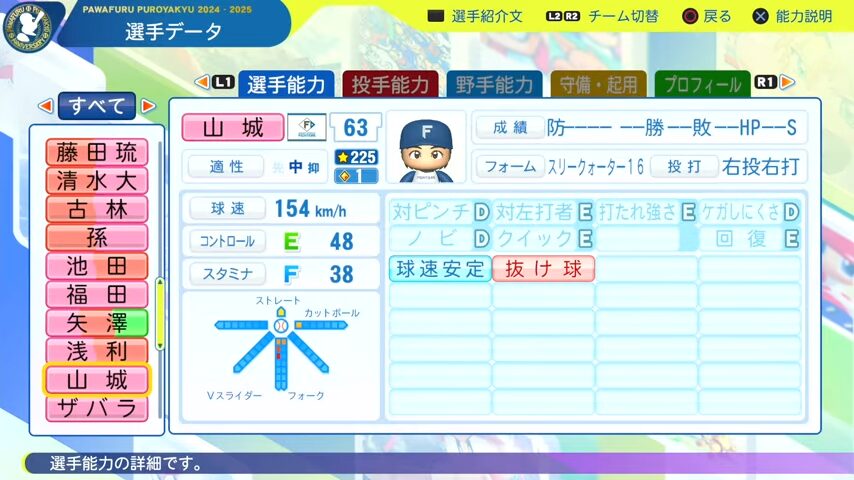 山城_日本ハムファイターズ_パワプロ能力データ_2025年決定版