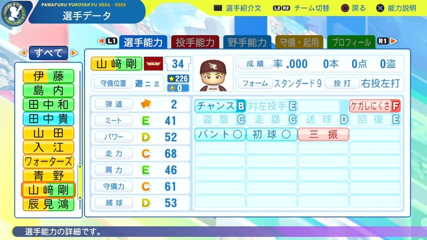 山崎剛_楽天イーグルス_パワプロ能力データ_2025年決定版