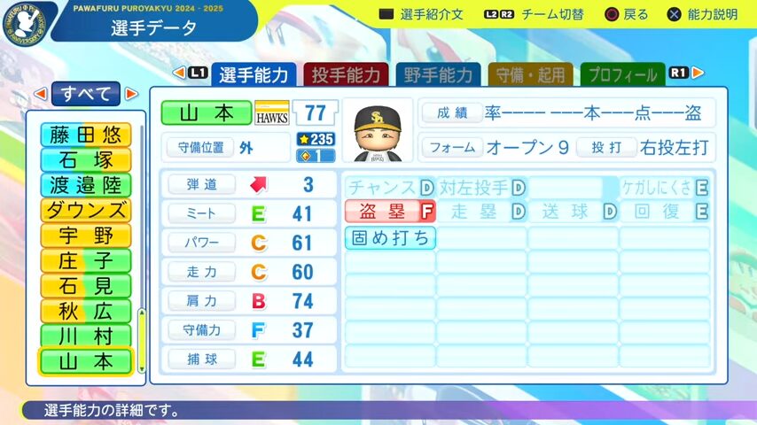 山本_ソフトバンクホークス_パワプロ能力データ_2025年決定版
