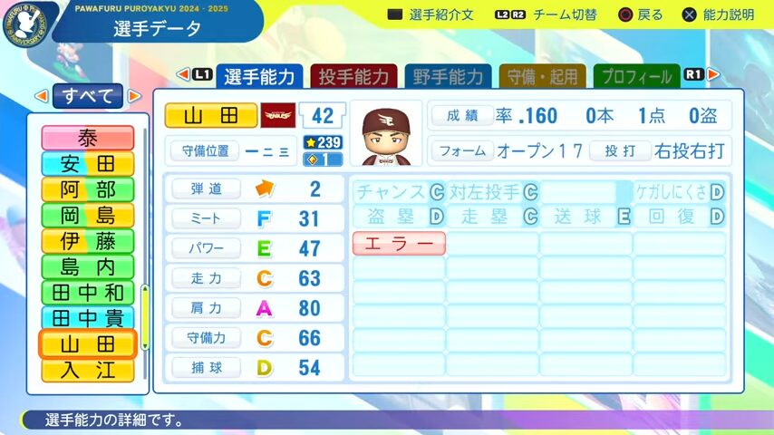 山田_楽天イーグルス_パワプロ能力データ_2025年決定版