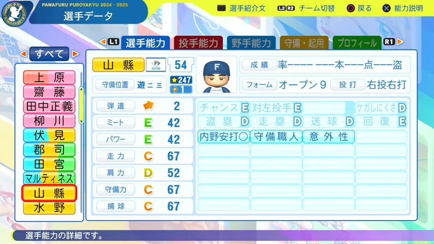 山縣_日本ハムファイターズ_パワプロ能力データ_2025年決定版