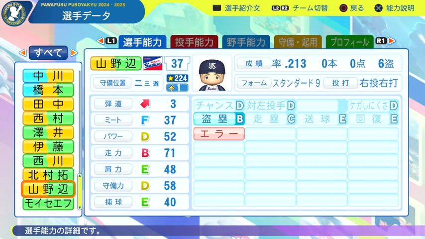 山野辺_ヤクルトスワローズ_パワプロ能力データ_2025年決定版