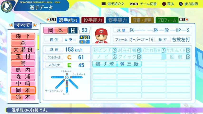 岡本_広島カープ_パワプロ能力データ_2025年決定版