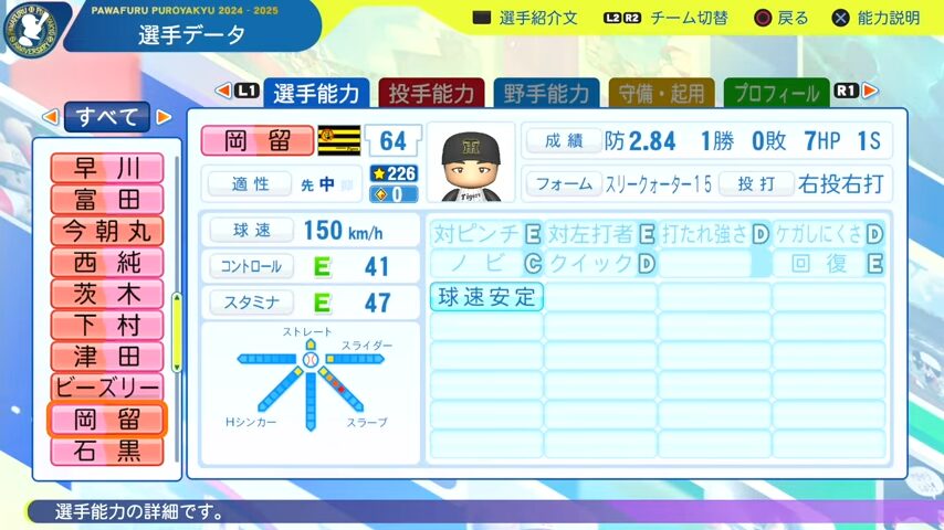岡留_阪神タイガース_パワプロ能力データ_2025年決定版