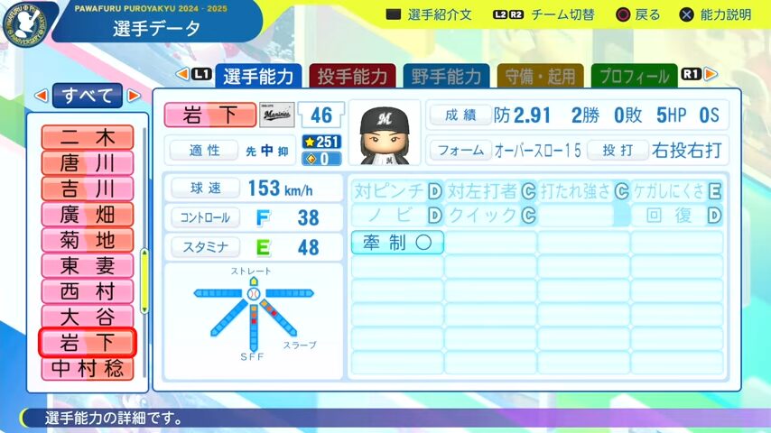 岩下_千葉ロッテマリーンズ_パワプロ能力データ_2025年決定版