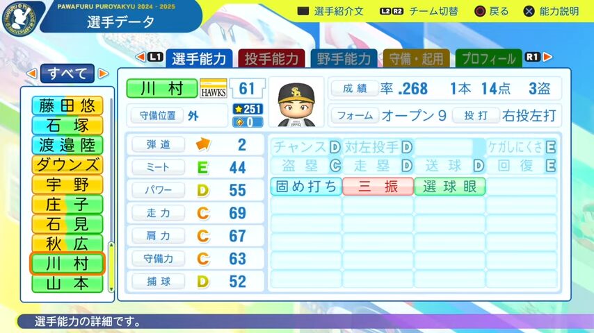 川村_ソフトバンクホークス_パワプロ能力データ_2025年決定版