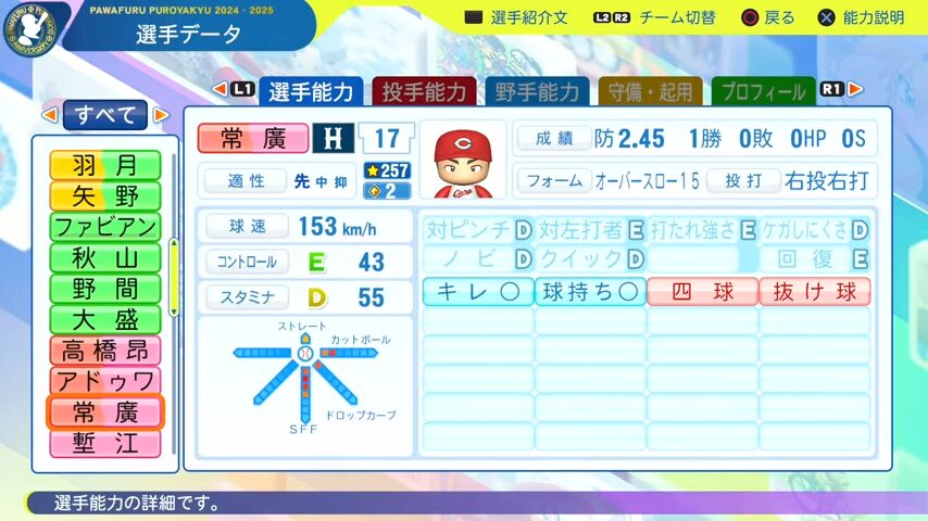 常廣_広島カープ_パワプロ能力データ_2025年決定版