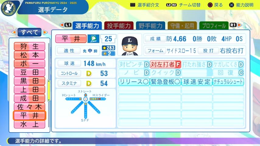 平井_西武ライオンズ_パワプロ能力データ_2025年決定版