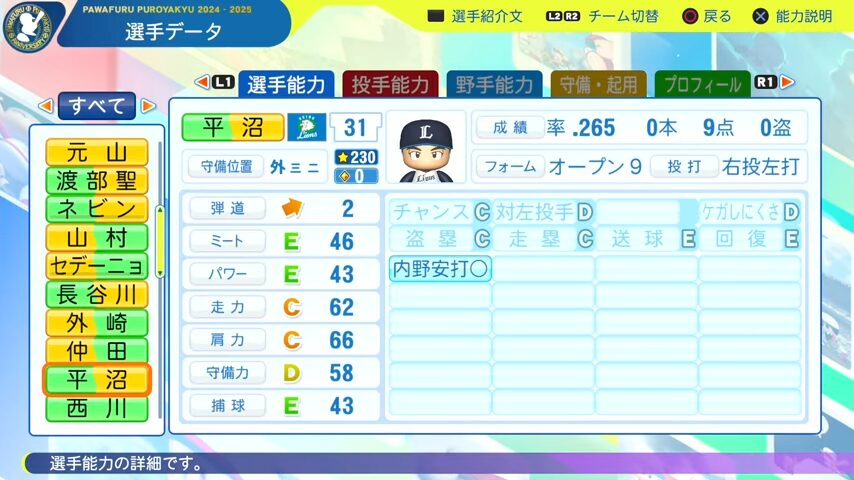 平沼_西武ライオンズ_パワプロ能力データ_2025年決定版