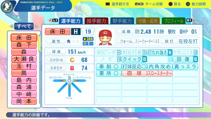 床田_広島カープ_パワプロ能力データ_2025年決定版