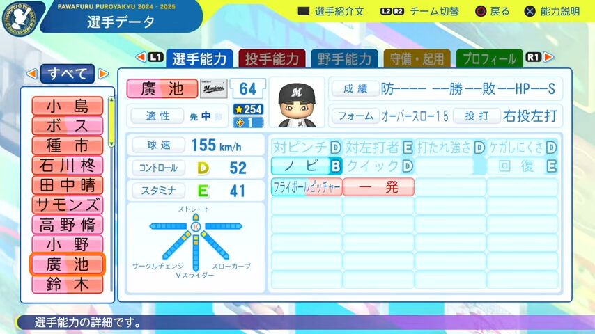 廣池_千葉ロッテマリーンズ_パワプロ能力データ_2025年決定版