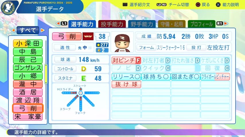 弓削_楽天イーグルス_パワプロ能力データ_2025年決定版