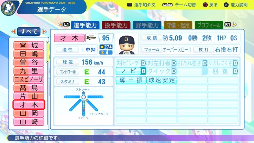 才木_オリックスバファローズ_パワプロ能力データ_2025年決定版