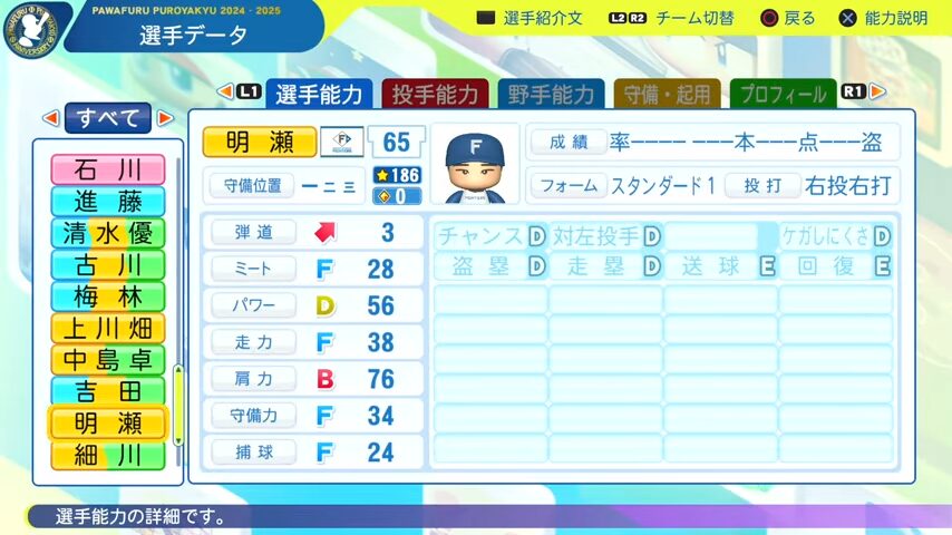 明瀬_日本ハムファイターズ_パワプロ能力データ_2025年決定版