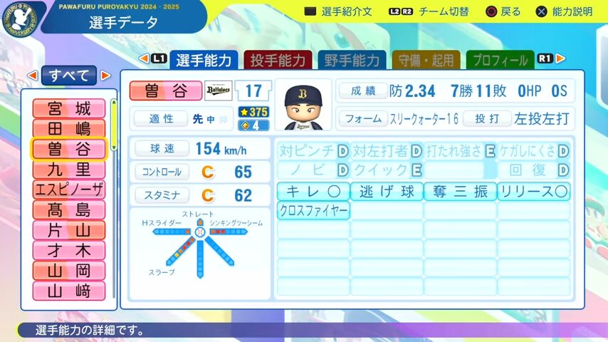 曽谷_オリックスバファローズ_パワプロ能力データ_2025年決定版