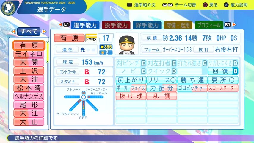 有原_ソフトバンクホークス_パワプロ能力データ_2025年決定版