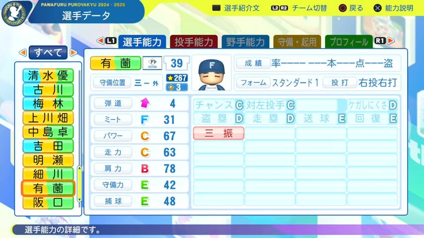 有薗_日本ハムファイターズ_パワプロ能力データ_2025年決定版