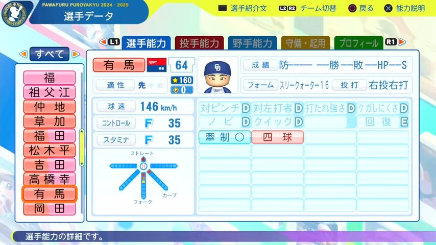 有馬_中日ドラゴンズ_パワプロ能力データ_2025年決定版