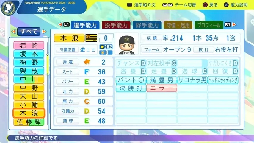 木浪_阪神タイガース_パワプロ能力データ_2025年決定版