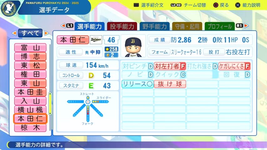 本田仁海_オリックスバファローズ_パワプロ能力データ_2025年決定版