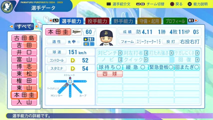 本田圭佑_オリックスバファローズ_パワプロ能力データ_2025年決定版
