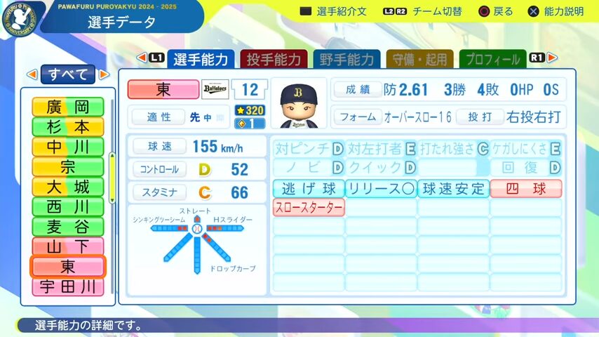 東_オリックスバファローズ_パワプロ能力データ_2025年決定版